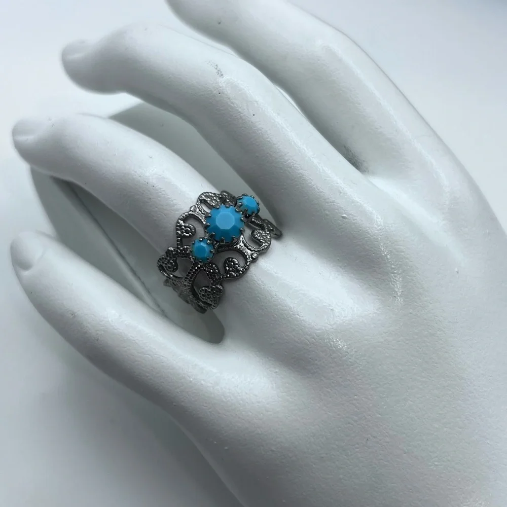 5/$25 Boho Filigree Adjustable Ring - Black Metal & Blue Accents